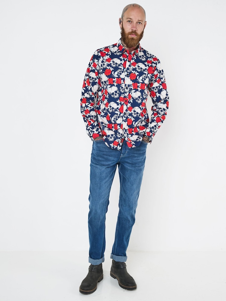 Joe Browns Blue Rose Skull Print Long Sleeve 100% Cotton Shirt - Image 4 of 7
