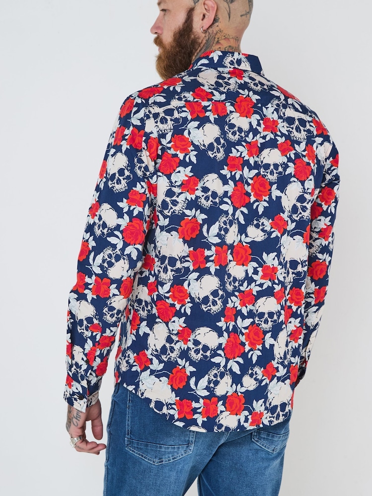 Joe Browns Blue Rose Skull Print Long Sleeve 100% Cotton Shirt - Image 5 of 7