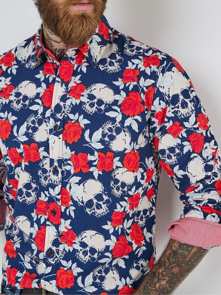 Joe Browns Blue Rose Skull Print Long Sleeve 100% Cotton Shirt - Image 6 of 7
