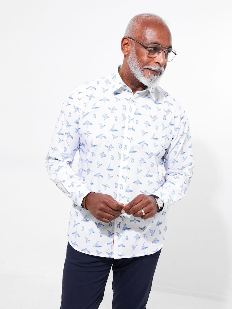 Joe Browns White Sketchy Bird Print 100% Cotton Shirt - Image 1 of 5