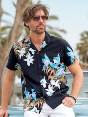 Joe Browns Black Tropical Floral Print Revere Collar 100% Cotton Shirt - Image 1 of 7