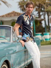 Joe Browns Black Tropical Floral Print Revere Collar 100% Cotton Shirt - Image 2 of 7