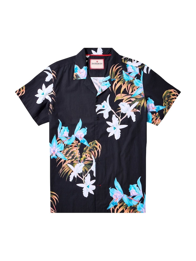 Joe Browns Black Tropical Floral Print Revere Collar 100% Cotton Shirt - Image 7 of 7