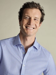 Charles Tyrwhitt Blue Slim Fit Cutaway Collar Non Iron Gingham 100% Cotton Shirt - Image 2 of 5
