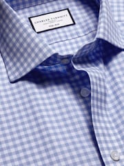 Charles Tyrwhitt Blue Slim Fit Cutaway Collar Non Iron Gingham 100% Cotton Shirt - Image 4 of 5