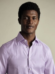 Charles Tyrwhitt Purple Slim Fit Cutaway Collar Non Iron Gingham 100% Cotton Shirt - Image 2 of 6