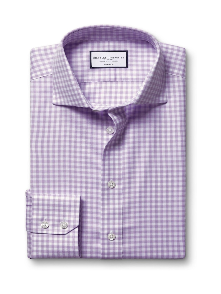 Charles Tyrwhitt Purple Slim Fit Cutaway Collar Non Iron Gingham 100% Cotton Shirt - Image 4 of 6