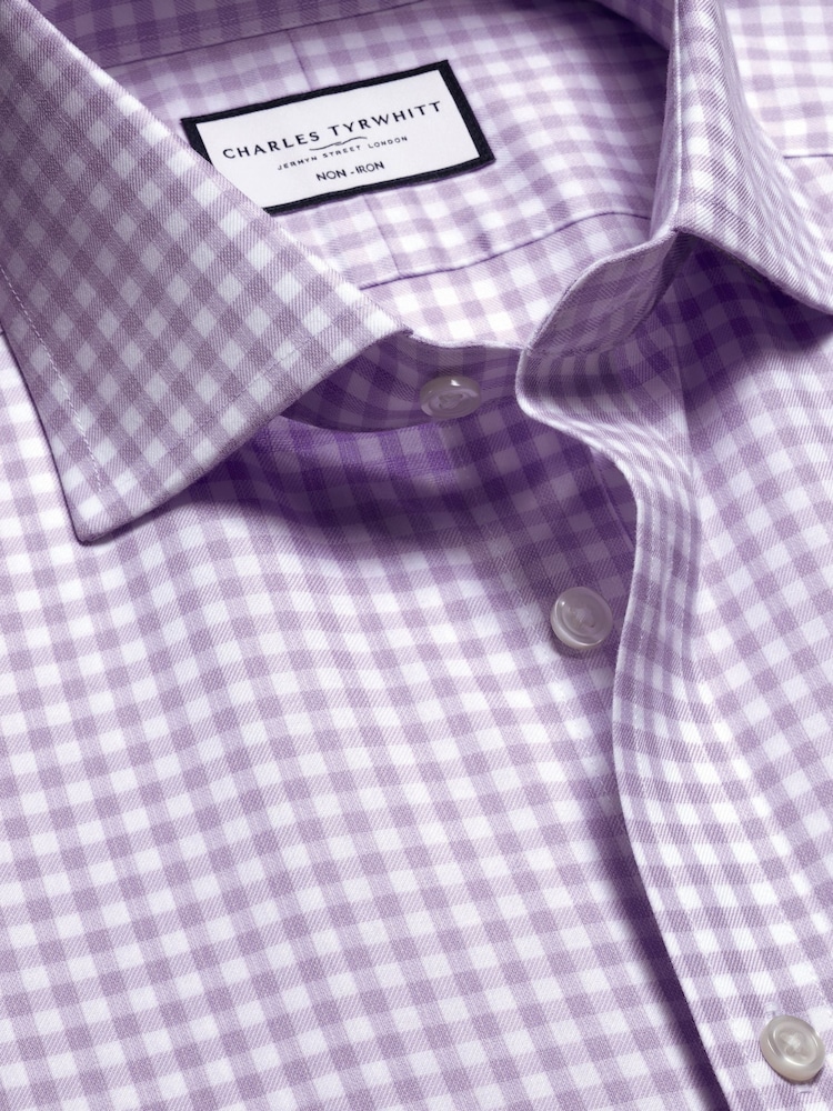 Charles Tyrwhitt Purple Slim Fit Cutaway Collar Non Iron Gingham 100% Cotton Shirt - Image 5 of 6