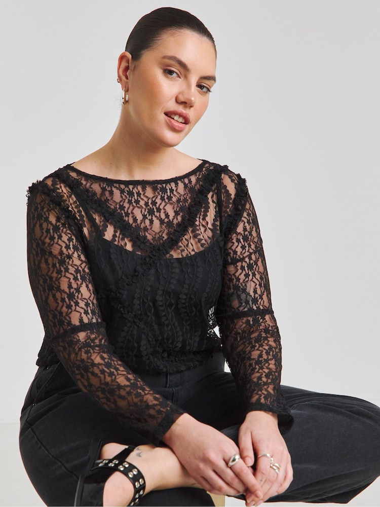 Simply Be Black Lace Mesh Top - Image 1 of 4 Simply Be Black Lace Mesh Top - Image 1 of 4