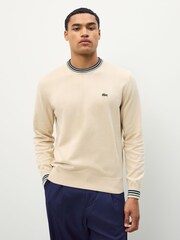 Lacoste Cream/Blue Stripe Accent Cotton Jersey Crew Neck Sweater - Image 1 of 5