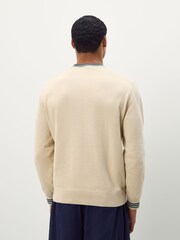 Lacoste Cream/Blue Stripe Accent Cotton Jersey Crew Neck Sweater - Image 2 of 5