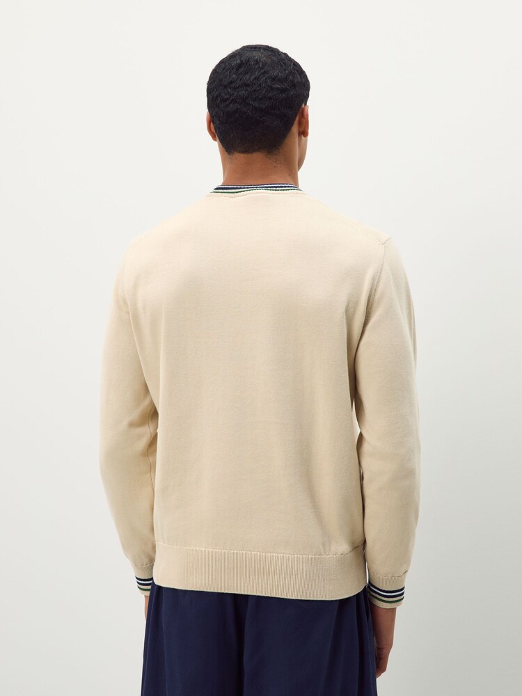 Lacoste Cream/Blue Stripe Accent Cotton Jersey Crew Neck Sweater - Image 2 of 5