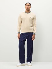 Lacoste Cream/Blue Stripe Accent Cotton Jersey Crew Neck Sweater - Image 3 of 5