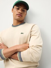 Lacoste Cream/Blue Stripe Accent Cotton Jersey Crew Neck Sweater - Image 5 of 5