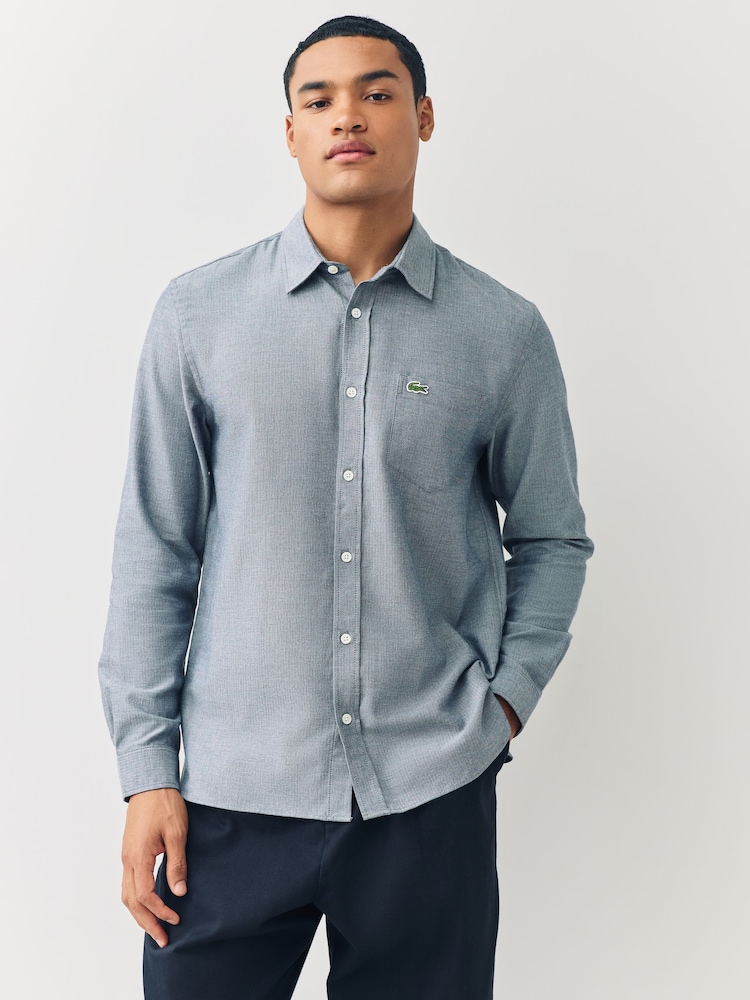 Lacoste Blue Regular Fit Chevron Motif Brushed Cotton Blend Shirt - Image 1 of 7