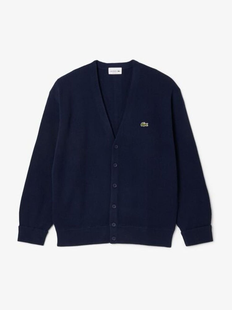 Lacoste Blue Relaxed Fit Moss Stitch Wool Cardigan - Image 1 of 3