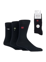 Wild Feet Black Fun Embroidery Cotton Socks 3 pack - Image 1 of 3