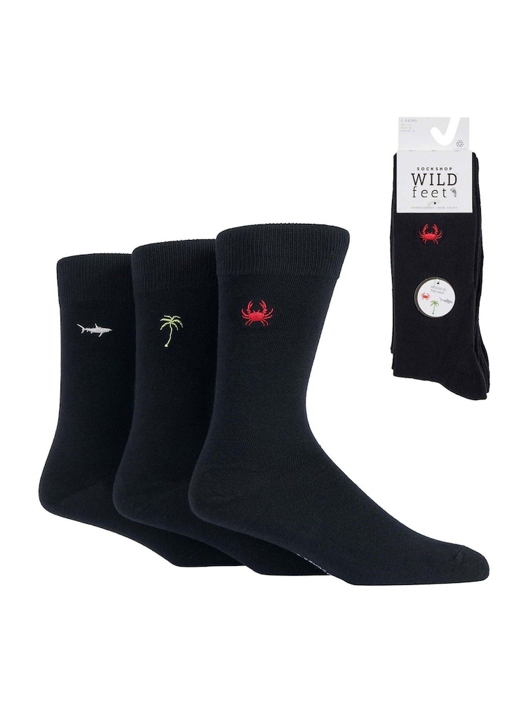 Wild Feet Black Fun Embroidery Cotton Socks 3 pack - Image 1 of 3