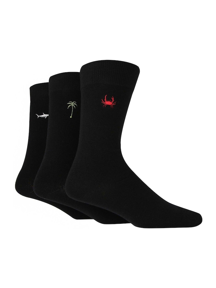 Wild Feet Black Fun Embroidery Cotton Socks 3 pack - Image 2 of 3