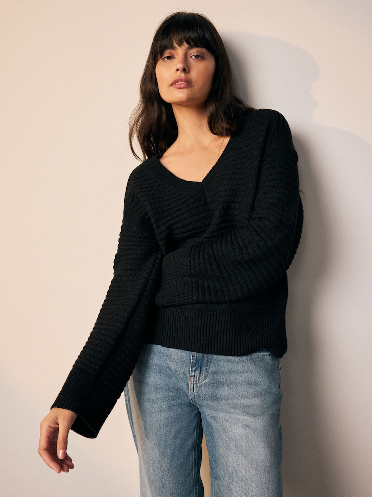 Black Ribbed V-Neck Knitted Jumper - Image 1 of 9 Black Ribbed V-Neck Knitted Jumper - Image 1 of 9