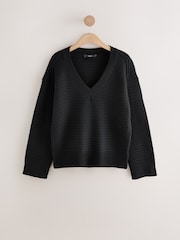 Black Ribbed V-Neck Knitted Jumper - Image 2 of 9