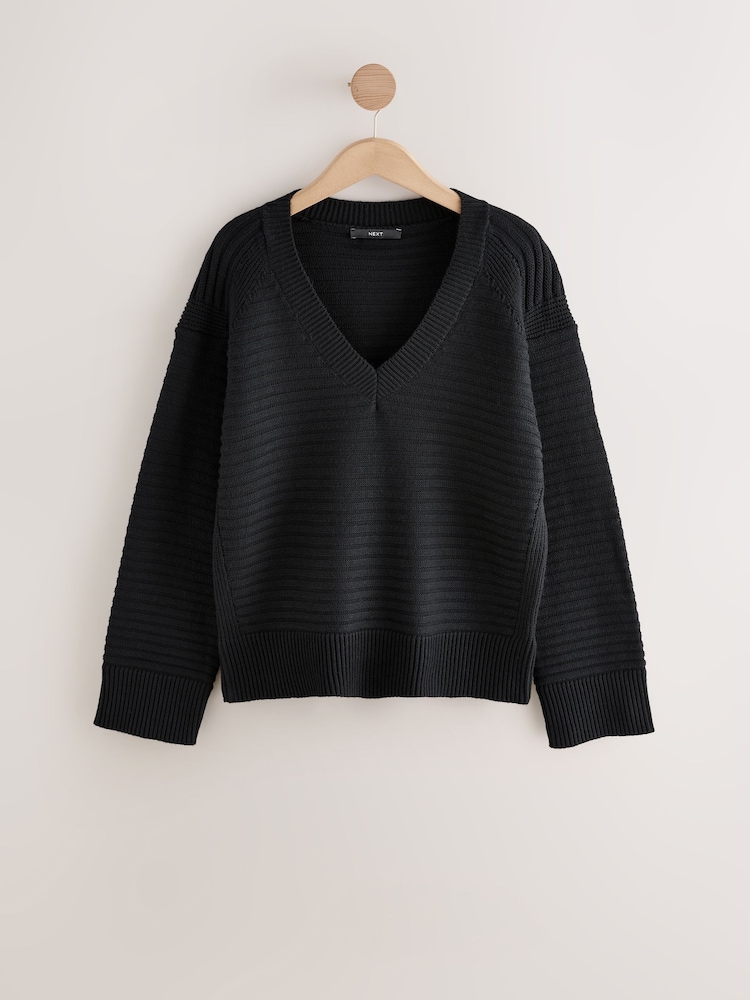 Black Ribbed V-Neck Knitted Jumper - Image 2 of 9 Black Ribbed V-Neck Knitted Jumper - Image 2 of 9