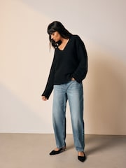 Black Ribbed V-Neck Knitted Jumper - Image 8 of 9