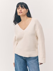 Ecru Ribbed V-Neck Knitted Jumper - Image 1 of 8