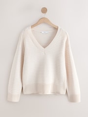 Ecru Ribbed V-Neck Knitted Jumper - Image 2 of 8