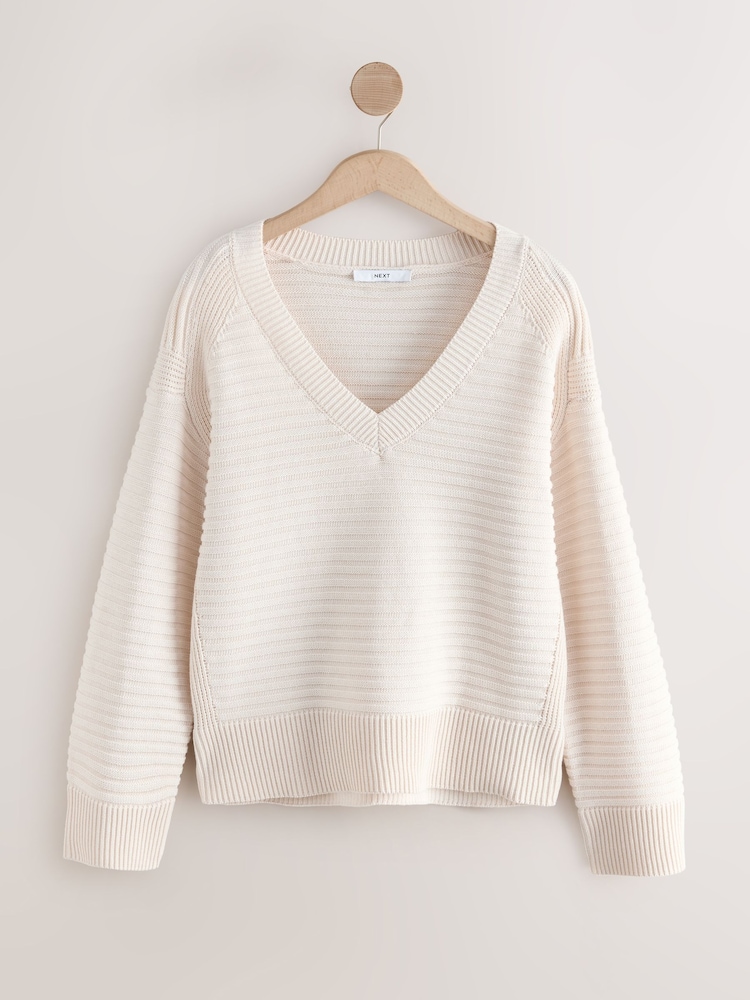Ecru Ribbed V-Neck Knitted Jumper - Image 2 of 8