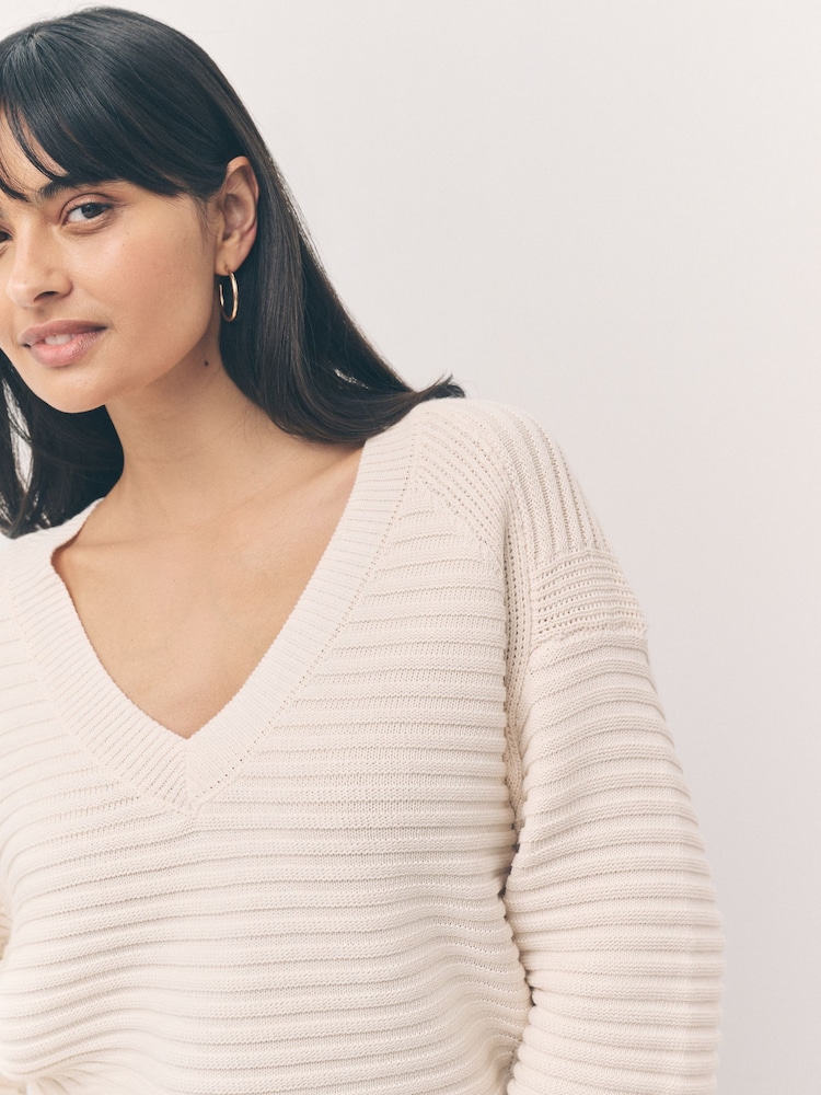 Ecru Ribbed V-Neck Knitted Jumper - Image 8 of 8