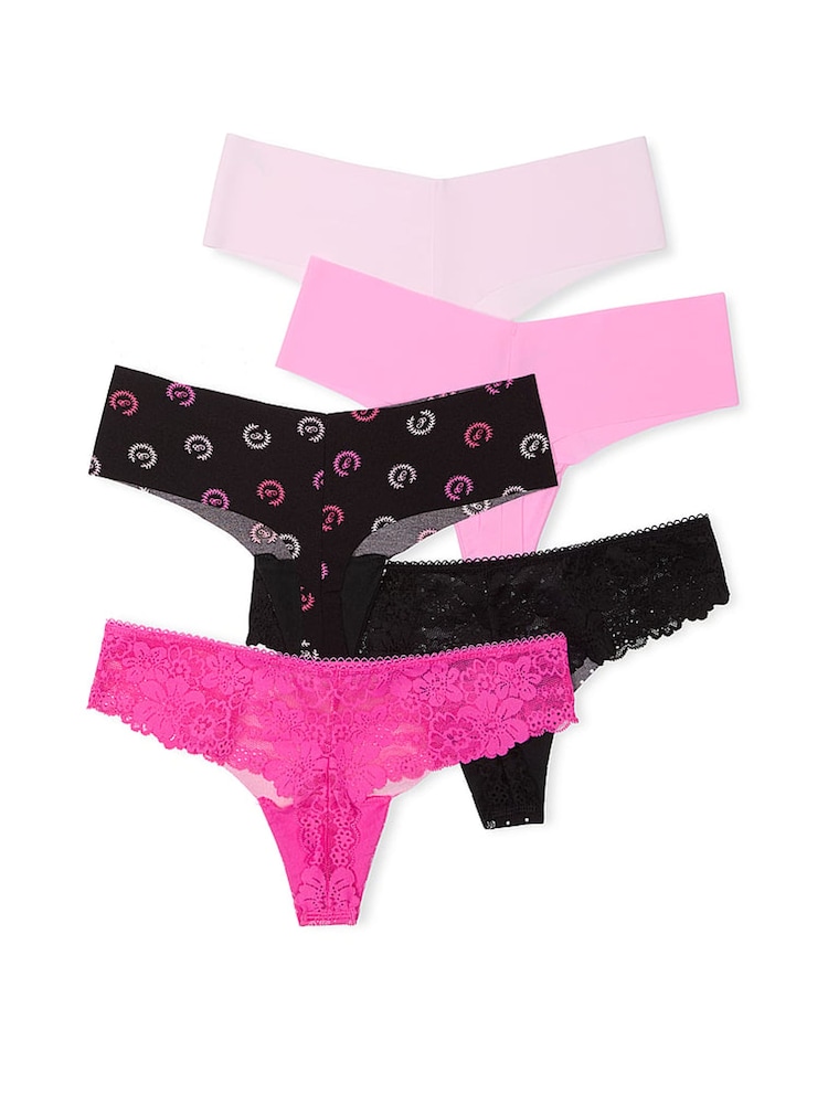 Victoria's Secret PINK Black/Pink/Pink/Pink/Black Thong 5 Pack Knickers - Image 2 of 2