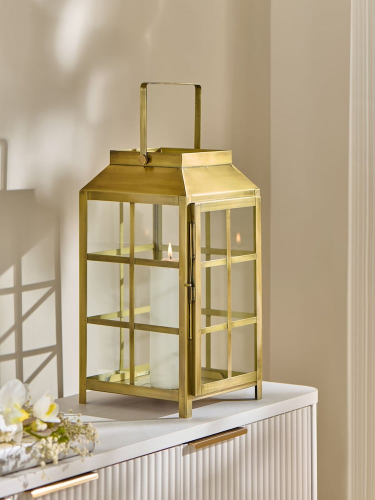 Gold Metal and Glass Lantern Large - Image 1 of 4 Gold Metal and Glass Lantern Large - Image 1 of 4