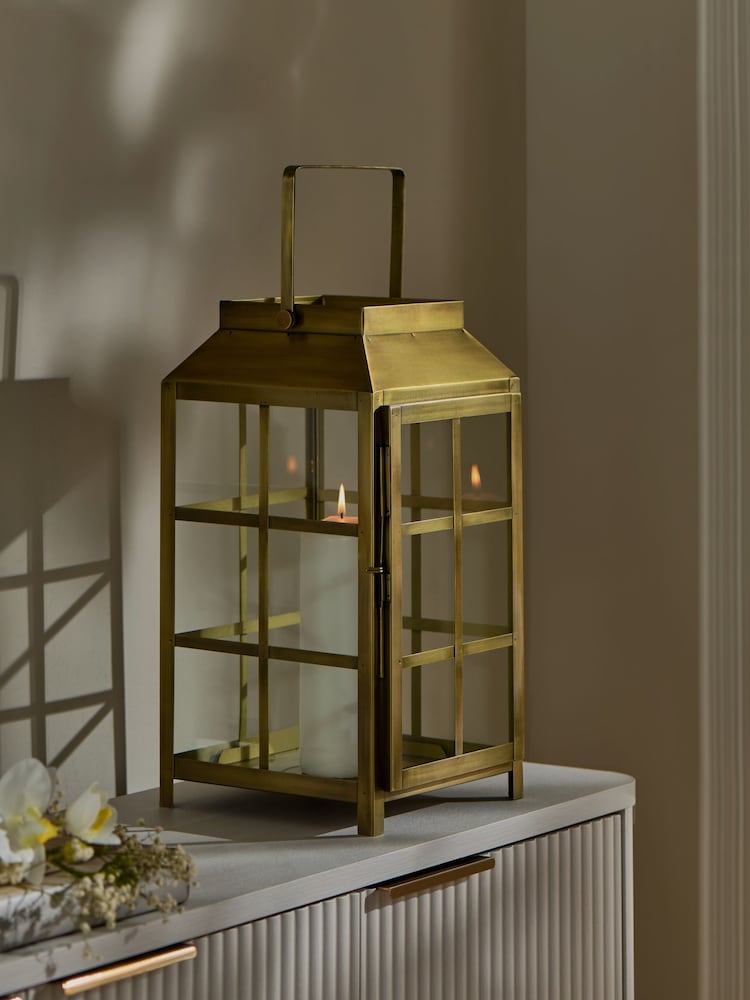 Gold Metal and Glass Lantern Large - Image 2 of 4 Gold Metal and Glass Lantern Large - Image 2 of 4