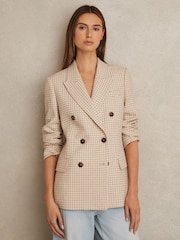 Reiss Neutral Check Bella Petite Double Breasted Check Blazer With Wool - Image 1 of 7