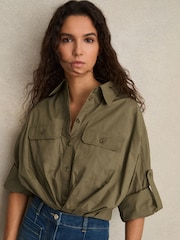 Reiss Khaki Thalia Pleat-Hem Cropped Shirt - Image 1 of 5