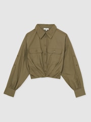 Reiss Khaki Thalia Pleat-Hem Cropped Shirt - Image 2 of 5