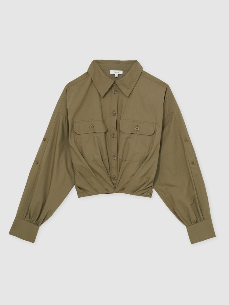 Reiss Khaki Thalia Pleat-Hem Cropped Shirt - Image 2 of 5