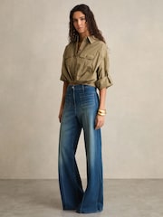 Reiss Khaki Thalia Pleat-Hem Cropped Shirt - Image 3 of 5