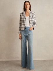 Reiss Grey Check Carly Cotton Blend Check Cropped Jacket - Image 1 of 6