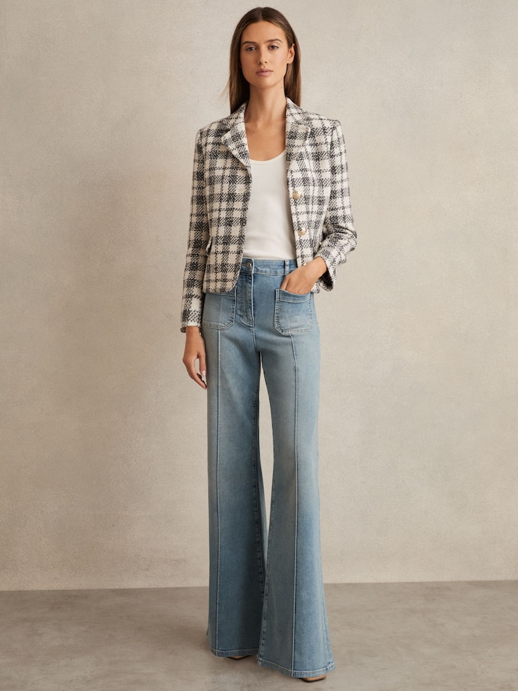 Reiss Grey Check Carly Cotton Blend Check Cropped Jacket - Image 1 of 6