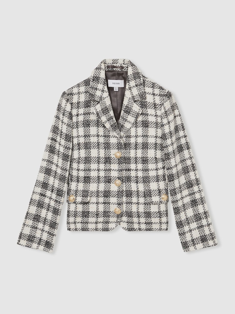 Reiss Grey Check Carly Cotton Blend Check Cropped Jacket - Image 2 of 6