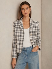 Reiss Grey Check Carly Cotton Blend Check Cropped Jacket - Image 3 of 6