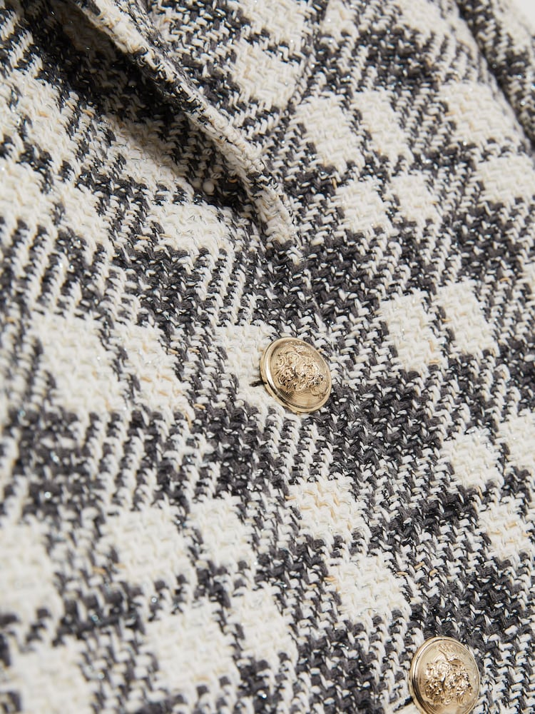 Reiss Grey Check Carly Cotton Blend Check Cropped Jacket - Image 6 of 6