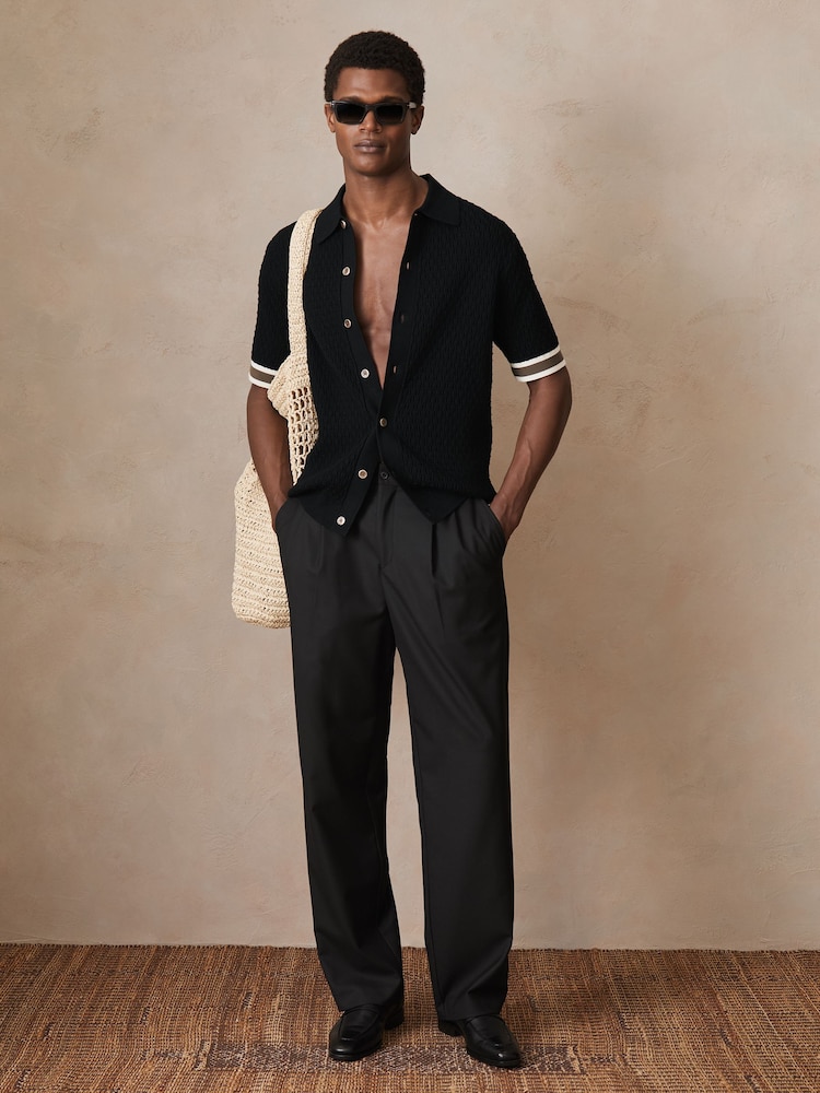 Reiss Black Silva Reiss | Ché Textured Cuff-Trim Shirt - Image 1 of 6