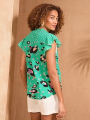 Animalprint, Grün - Love & Roses Print Flutter Sleeve Printed V-Neck Blouse - Bild 4 von 4