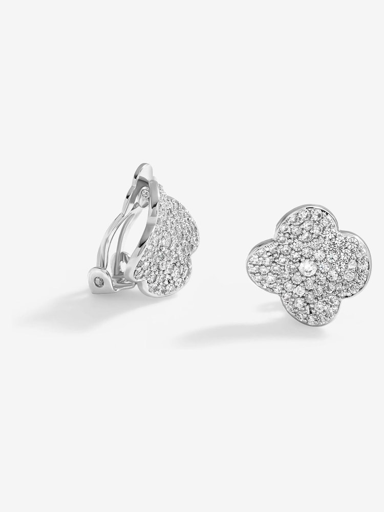 Jon Richard Silver Tone Cubic Zirconia Pave Clover Clip Earrings - Image 1 of 3