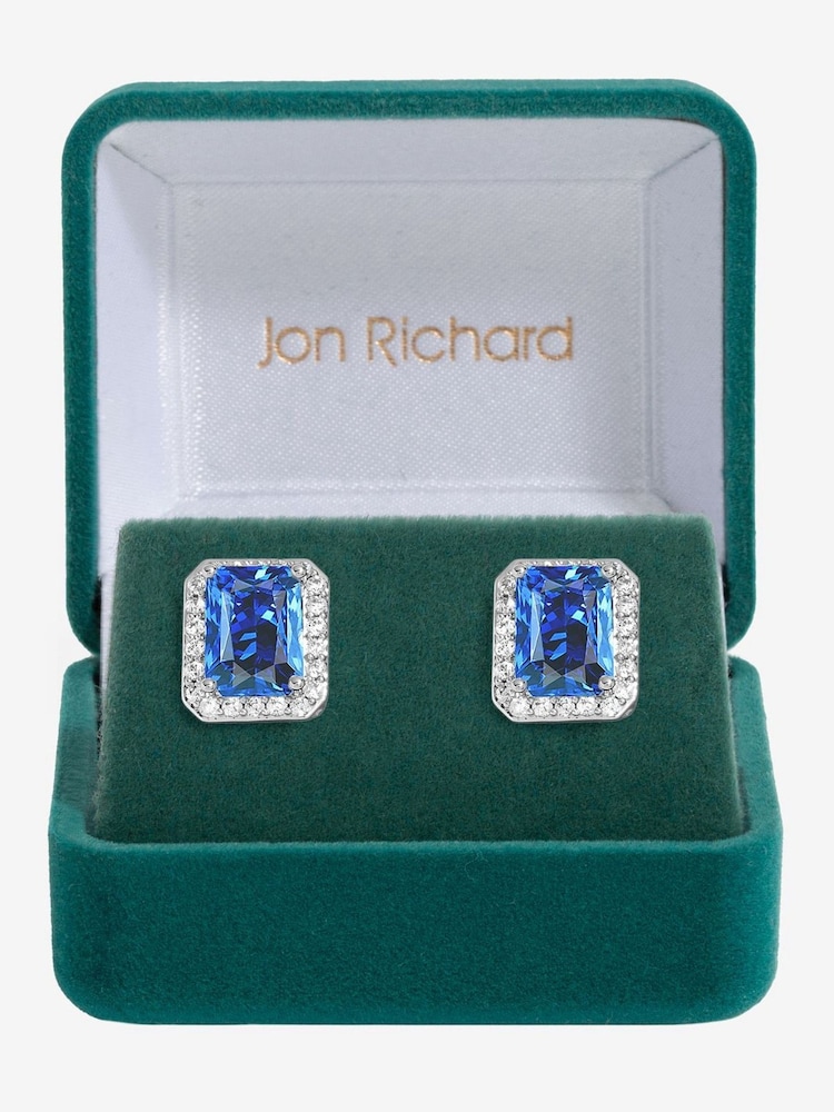 Jon Richard Silver Tone Cubic Zirconia Emerald Cut Sapphire Gift Boxed Stud Earrings - Image 1 of 2