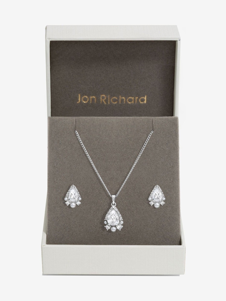 Jon Richard Silver Tone Cubic Zirconia Pear Drop Pearl Set - Image 1 of 5