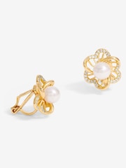 Jon Richard Gold Tone Cubic Zirconia Pearl Flower Clip Earrings - Image 1 of 3